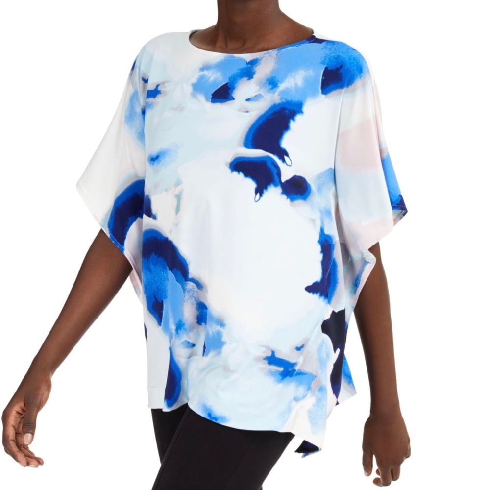 New Alfani Paint Print Dolman Sleeve Poncho Top Blue Multicolor Size Small